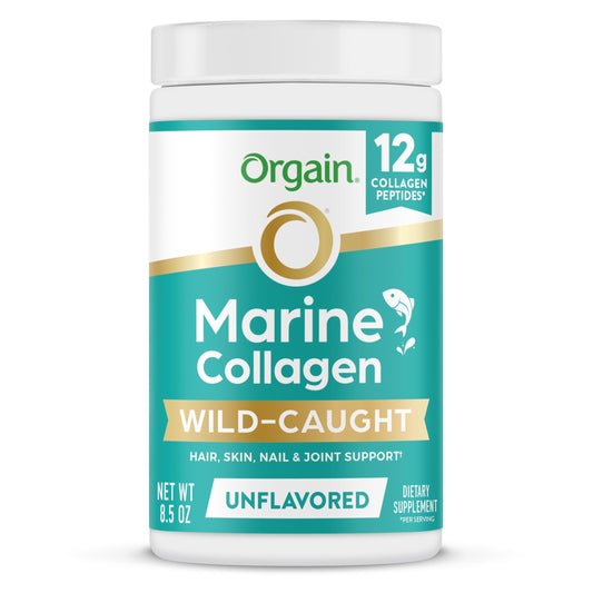 Envase Orgain Colágeno Marino 8.5oz mostrando diseño frontal y uso práctico