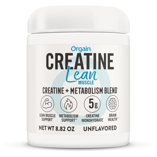 Envase frontal de Orgain Creatine Lean Muscle mostrando 8.82oz y diseño claro, aporta confianza