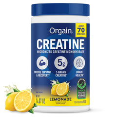 Orgain envase frontal de creatina limonada mostrando formato y sabor beneficioso