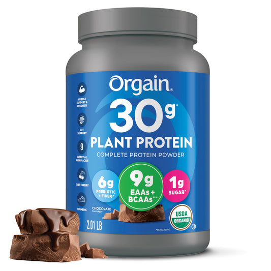 Orgain envase frontal de chocolate mostrando información nutricional y beneficio proteico