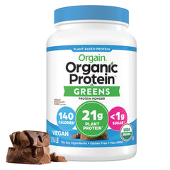 Orgain envase frontal Creamy Chocolate Fudge mostrando diseño y beneficio proteico
