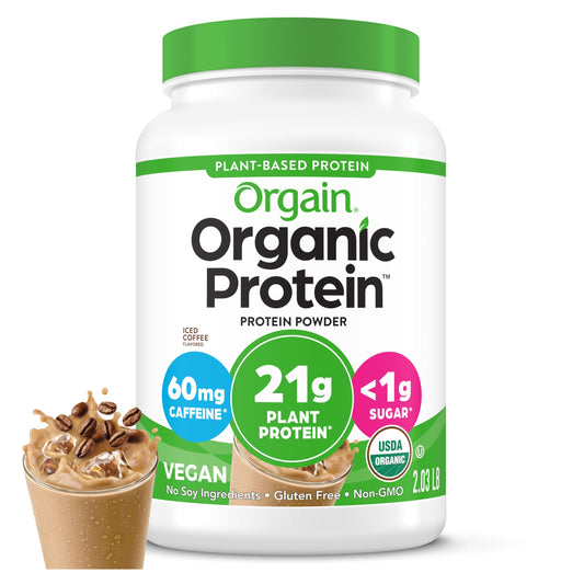 Orgain envase frontal Iced Coffee mostrando tamaño y beneficio práctico