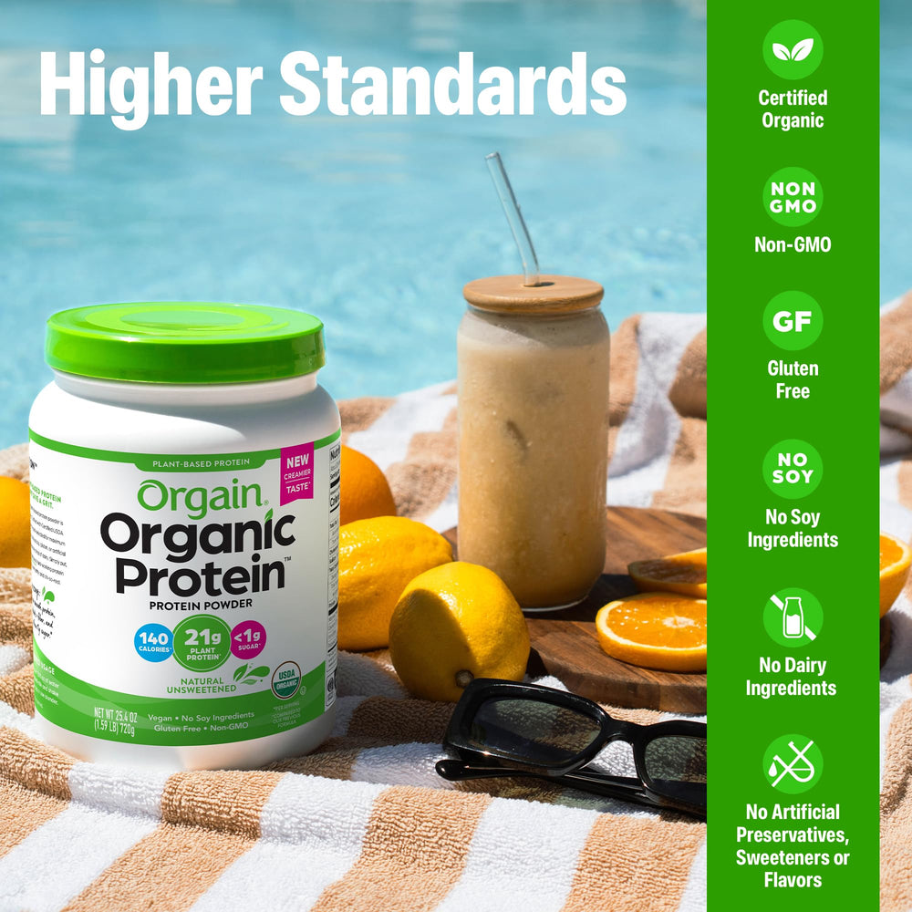 Batido de frutas con polvo Orgain para añadir proteína vegetal