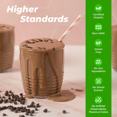 Orgain scoop con porción mostrando 20 g proteína por servicio