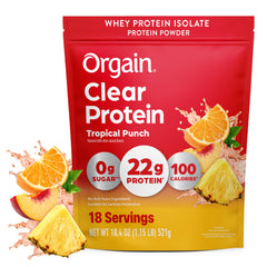 Orgain envase Tropical Punch mostrando el frente y marca, beneficiando elección clara