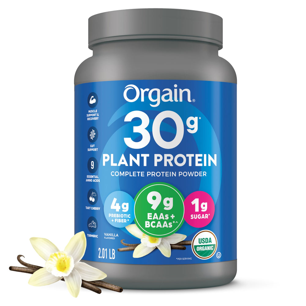 Orgain tubo frontal de vainilla mostrando la marca y aporte de 30 g de proteína
