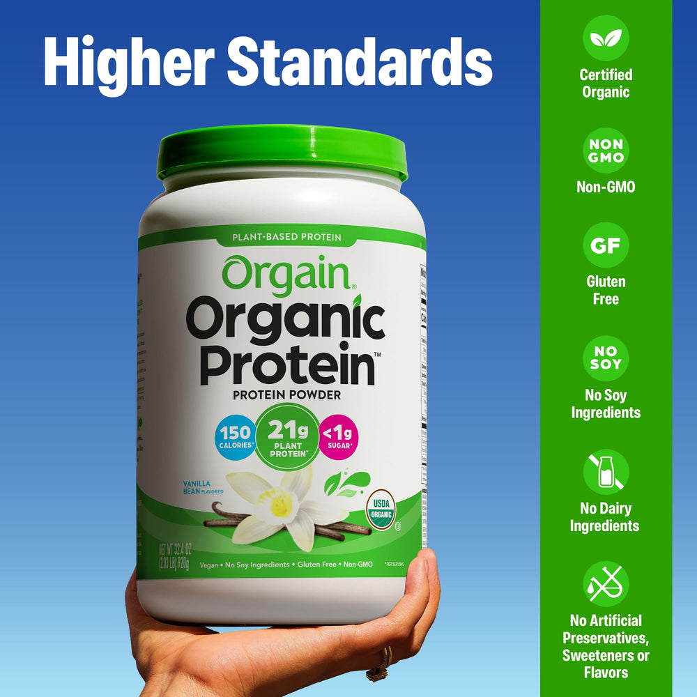 Orgain etiqueta con certificaciones USDA Organic y Non-GMO visible
