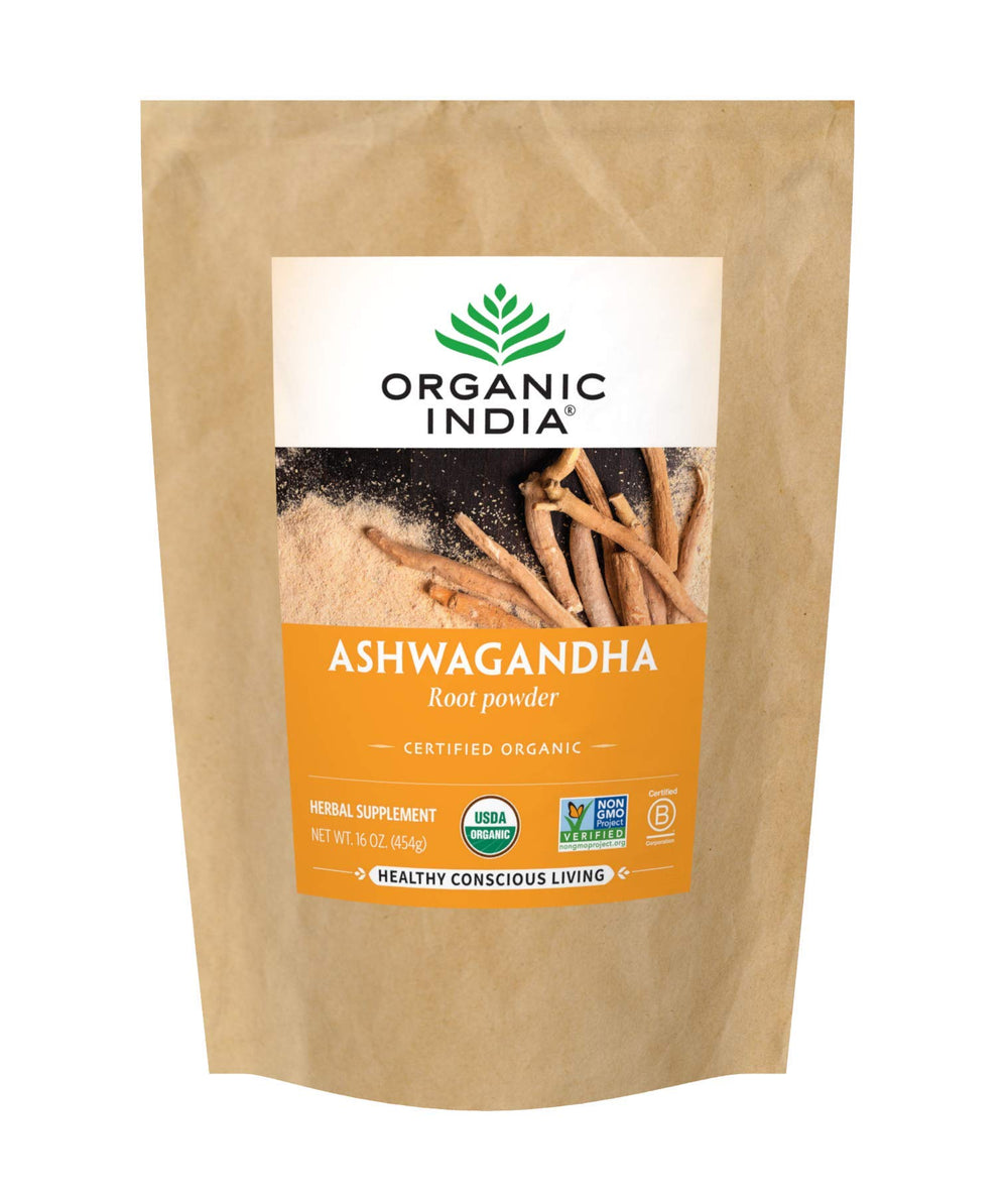 ORGANIC INDIA empaque frontal que muestra bolsa de 1 lb y etiqueta clara