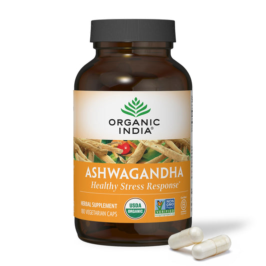 ORGANIC INDIA caja frontal mostrando 180 cápsulas y beneficios