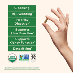 Organic India Liver Kidney label detail with nutrition and organic seal.