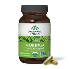 ORGANIC INDIA envase frontal mostrando diseño y cantidad 90 cápsulas beneficiando la conveniencia