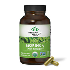 ORGANIC INDIA frasco frontal mostrando 180 cápsulas y conveniencia