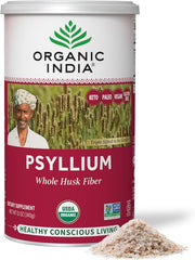 ORGANIC INDIA envase frontal de psyllium mostrando empaquetado orgánico y beneficios claros