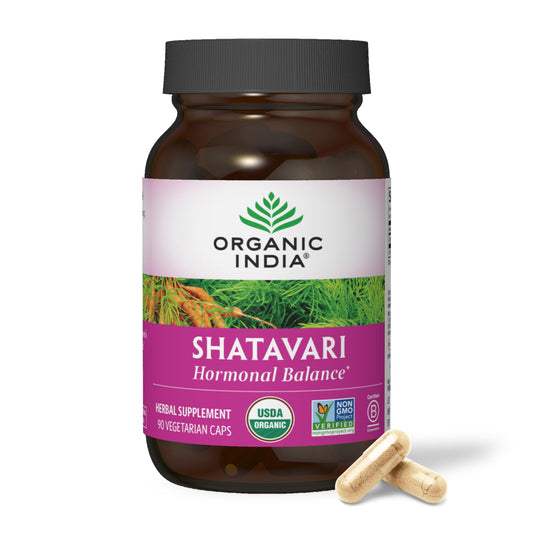 ORGANIC INDIA frasco frontal que muestra 90 cápsulas y certificaciones orgánicas