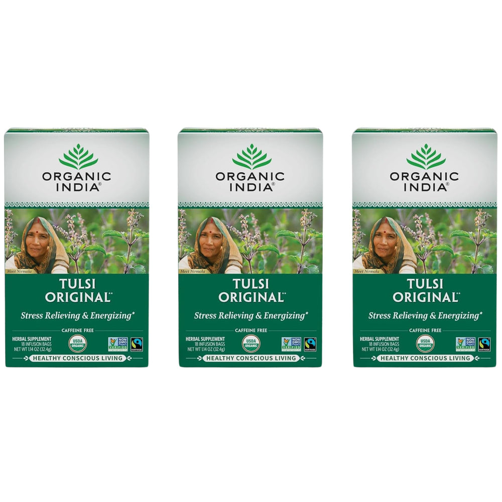 ORGANIC INDIA paquete frontal mostrando 18 bolsitas y beneficios orgánicos