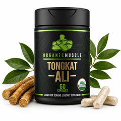 Organic Muscle frasco frontal mostrando diseño y cantidad 60 cápsulas para confianza