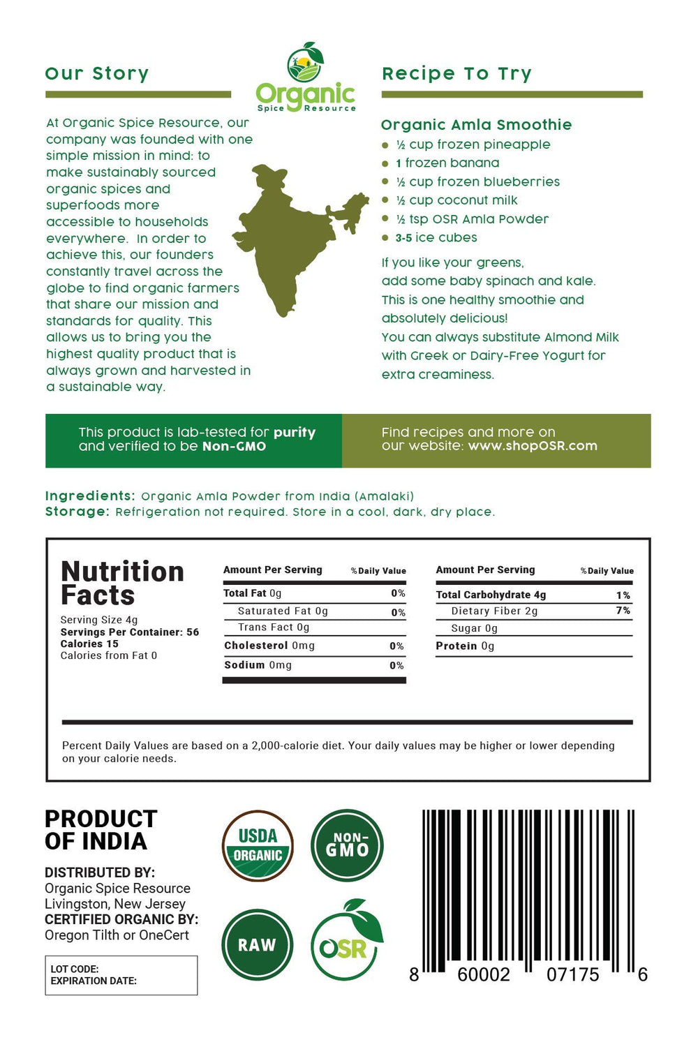Organic Spice Resource polvo amla mezclado en batido cremoso para uso diario