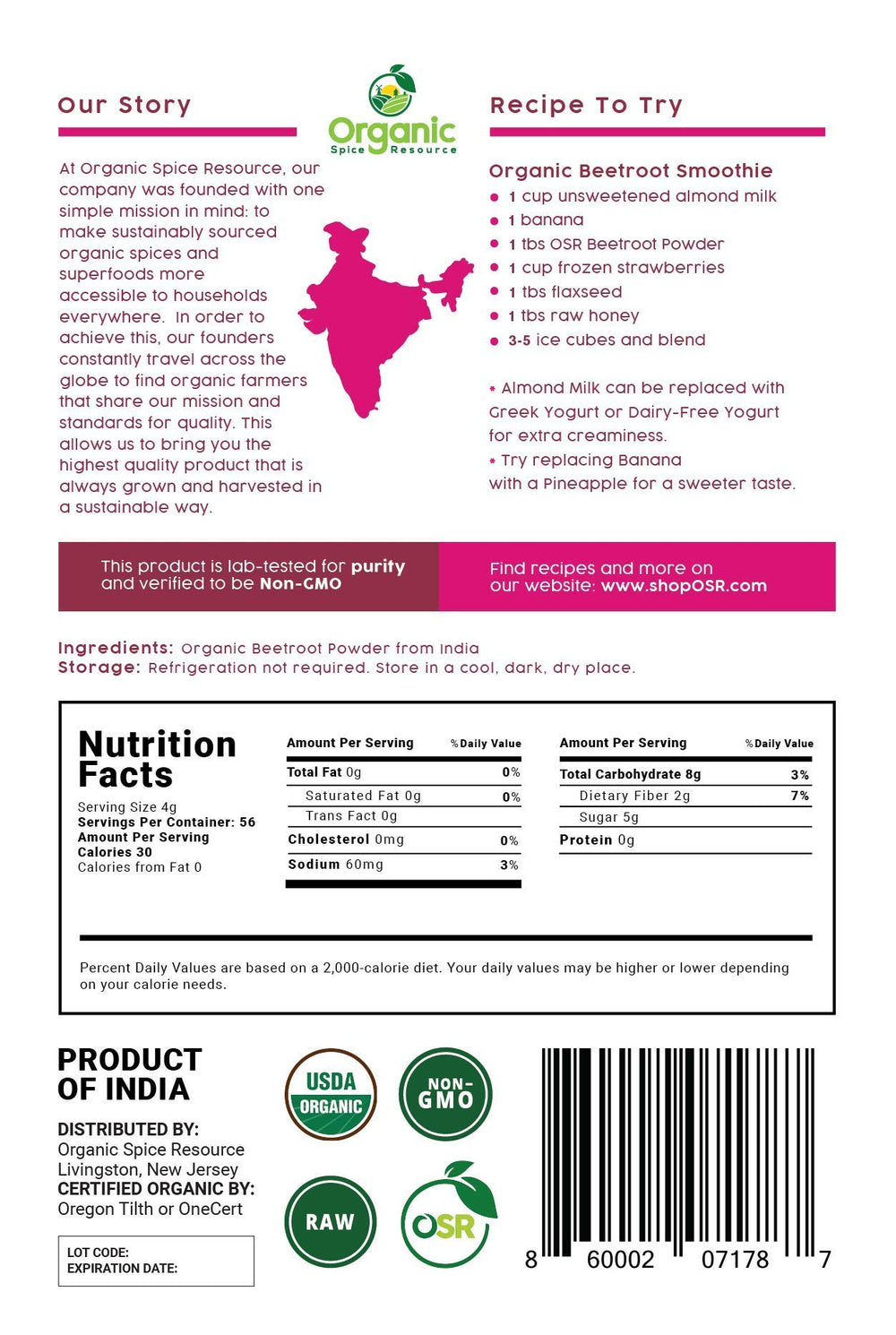 Organic Spice Resource polvo junto a remolacha fresca para comparar origen natural