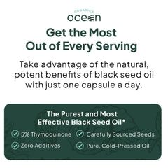 Organics Ocean etiqueta del producto con información de thymoquinone y pureza