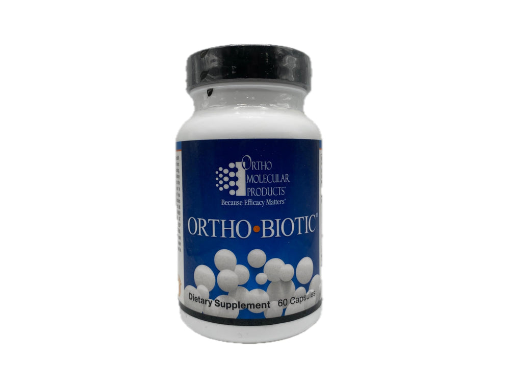 Ortho Molecular Products Ortho Biotic envase frontal mostrando 60 cápsulas y beneficios digestivos