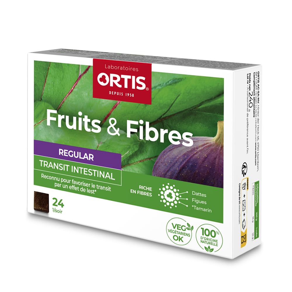 Ortis Frutas y Fibras Regular 24 cubos envase, merienda práctica para la rutina diaria.