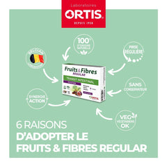 Ortis Frutas y Fibras Regular 24 cubos, ingredientes visibles.
