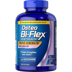 Osteo Bi-Flex frasco frontal mostrando etiqueta y 200 tabletas, beneficio conveniencia