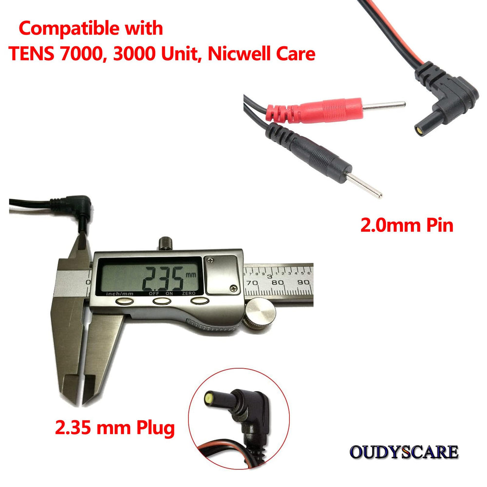 OUDYSCARE cable conectado a una unidad TENS demostrando ajuste