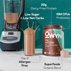 OWYN batido de chocolate servido, práctico para energía diaria