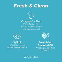 Oxyfresh botella en ambiente de baño elegante, cuida tu sonrisa