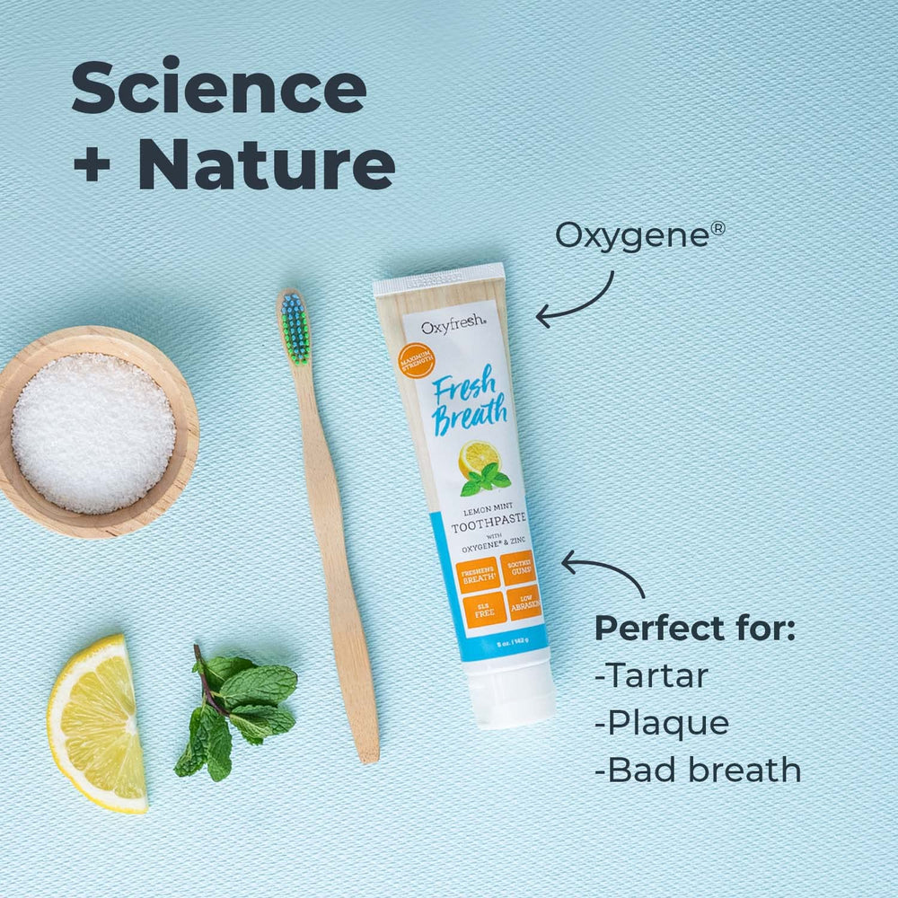 Oxyfresh tubo 5 oz junto a regla mostrando tamaño real para orientación