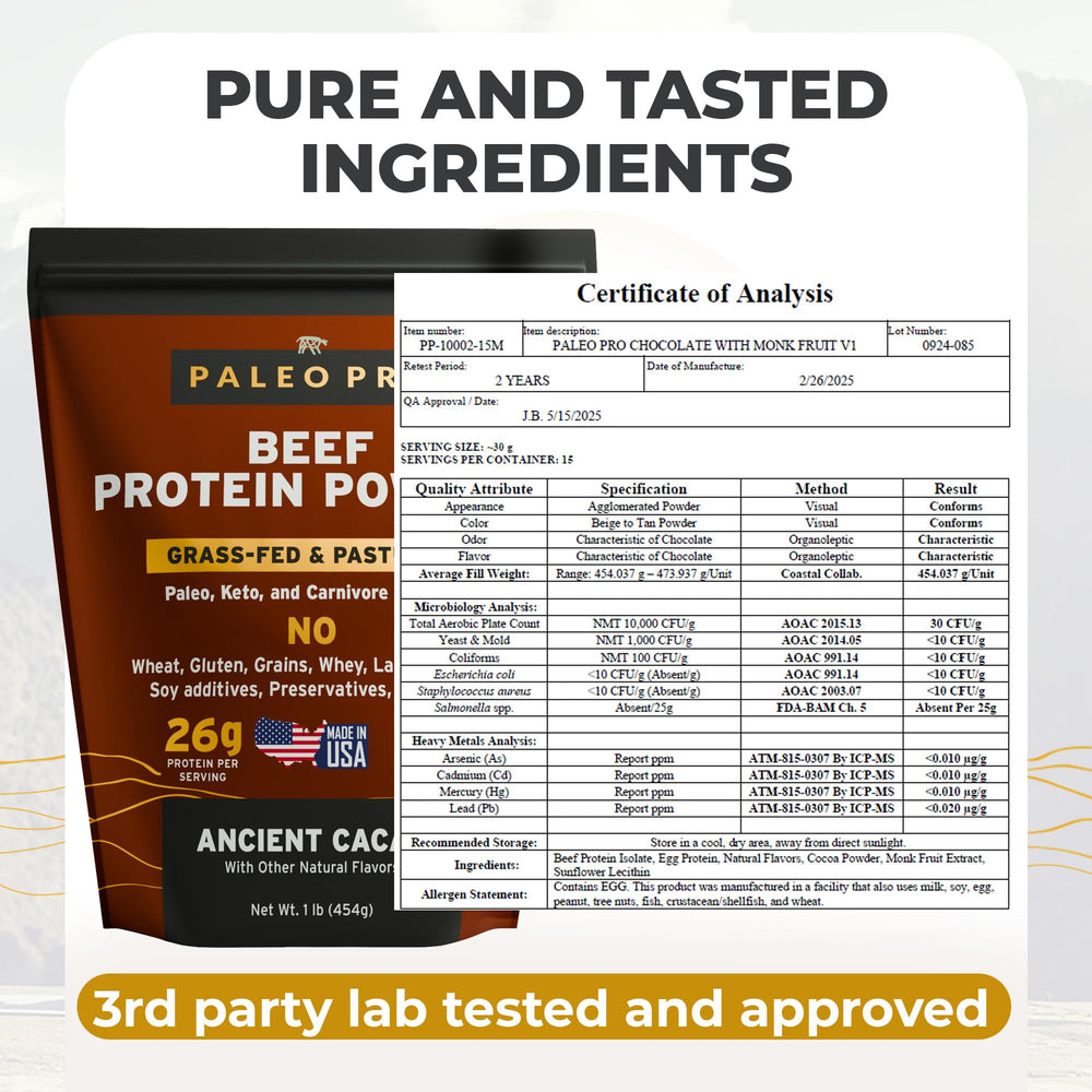 Paleo Pro primer plano del polvo cacao mostrando textura natural y alta proteína