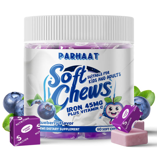 Parhaat Iron Soft Chews sabor arándano, botella para llevar y vitalidad diaria.