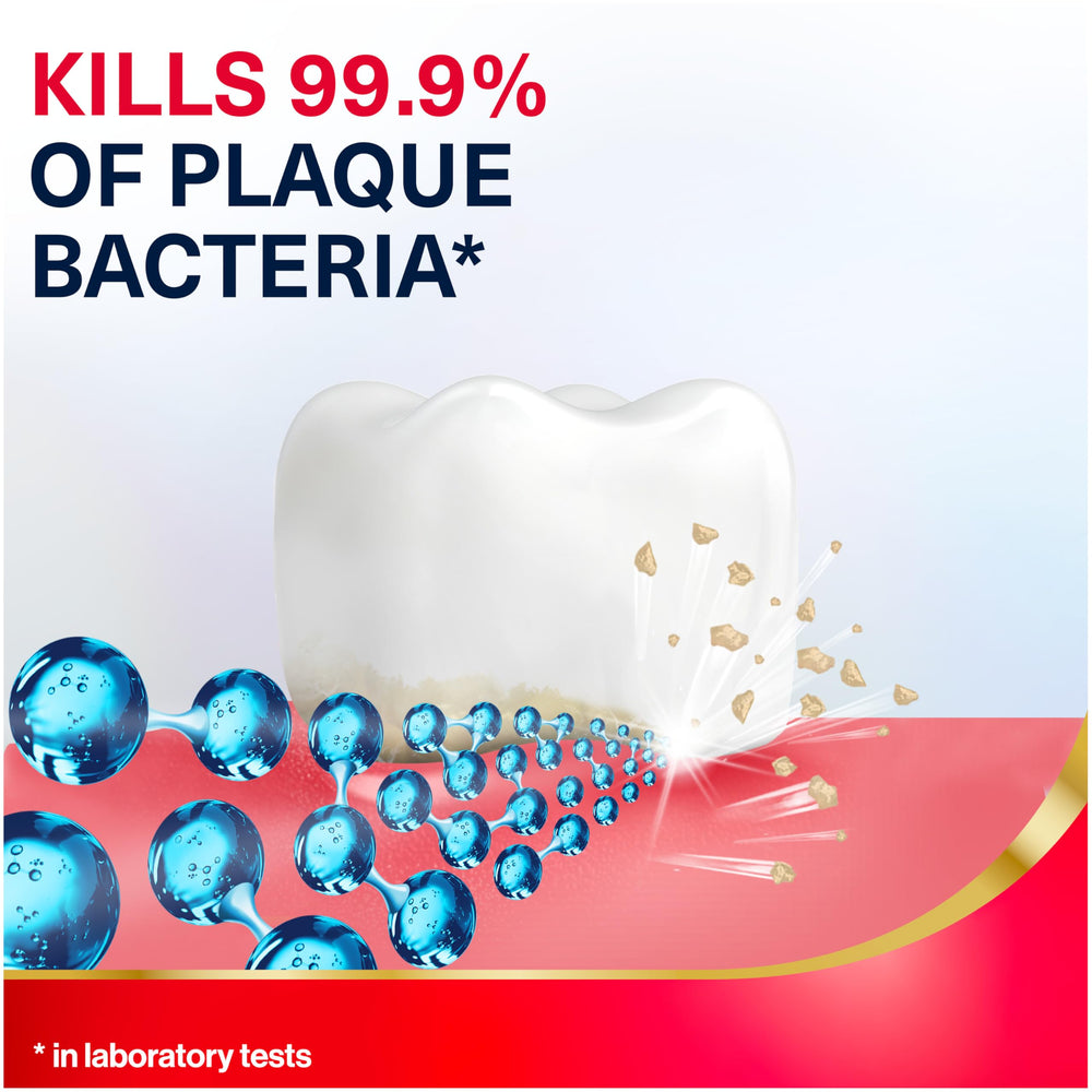 Parodontax vista cercana del líquido mostrando textura suave y beneficio antibacteriano