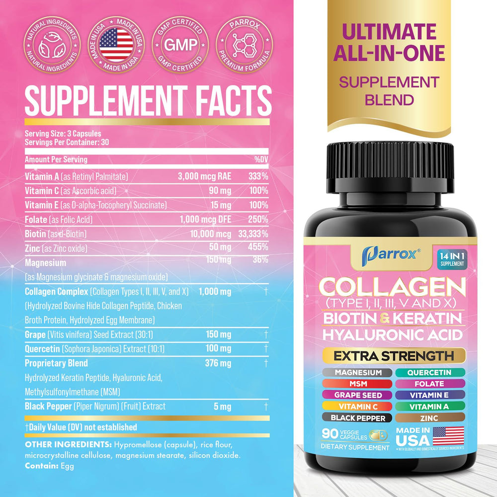Parrox cápsulas de colágeno hidrolizado, fórmula 14 en 1 para belleza diaria.