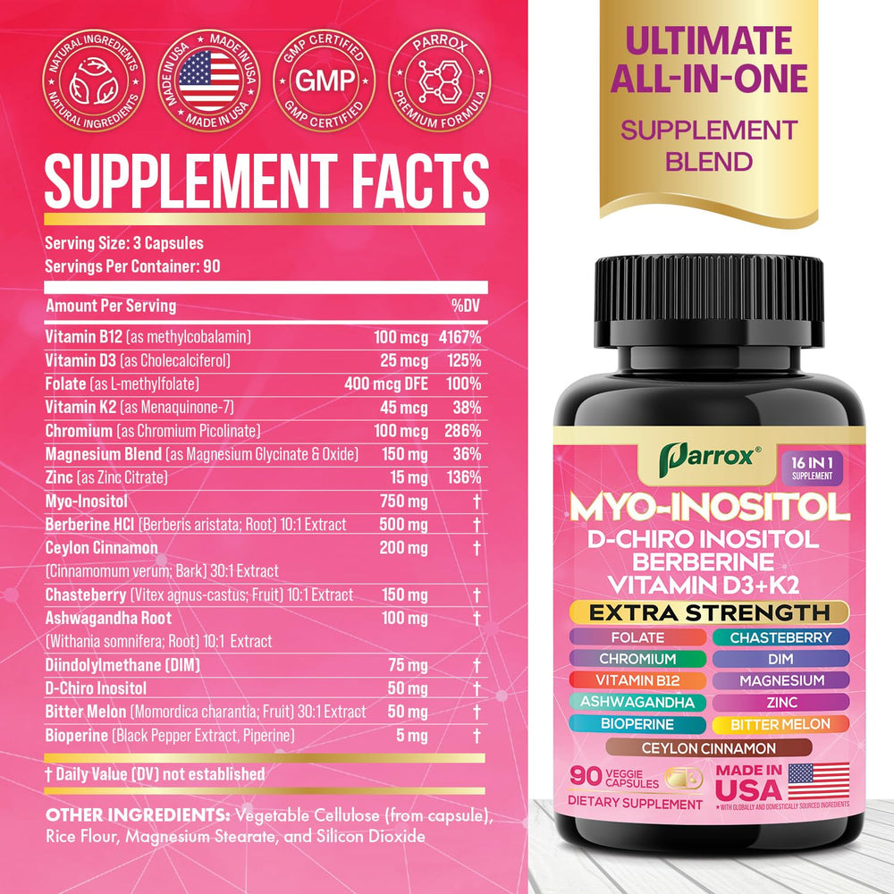 Parrox Myo-Inositol: etiqueta clara para lectura fácil y balance diario.