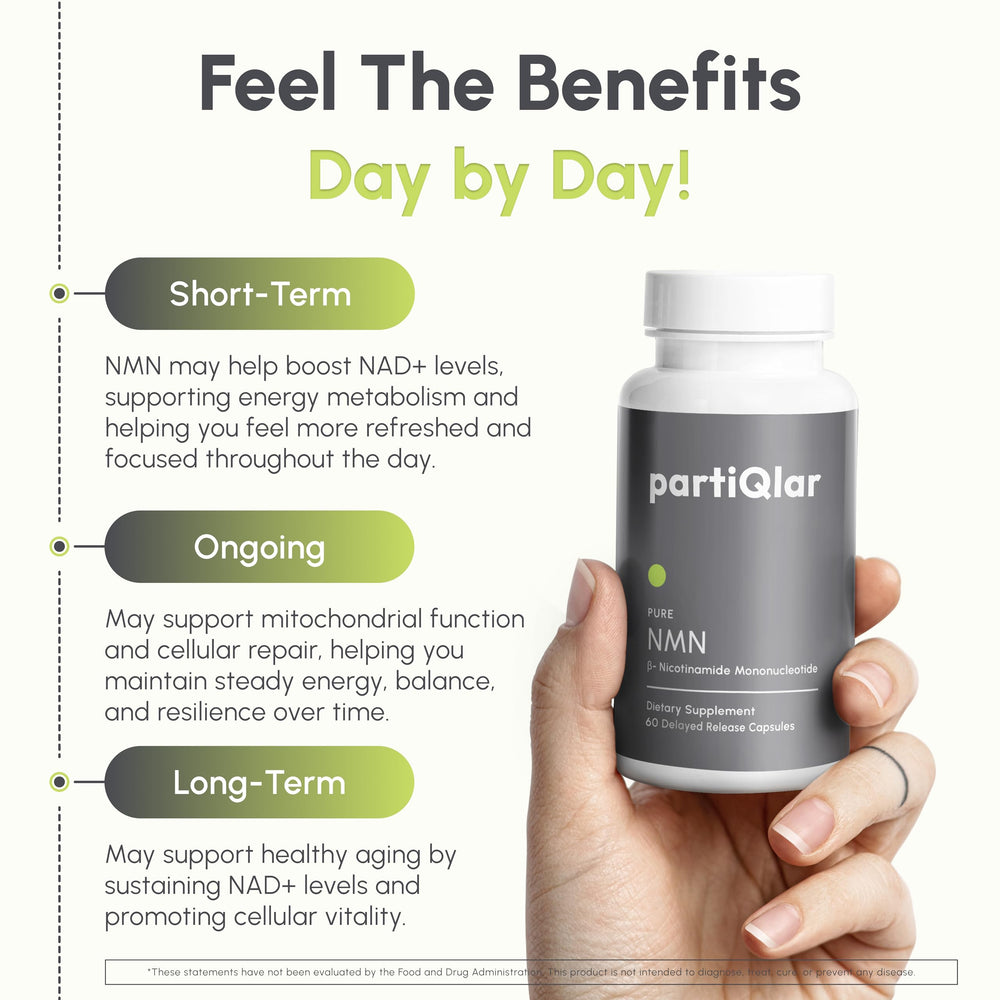 User preparing daily supplement routine with PartiQlar NMN for energy.