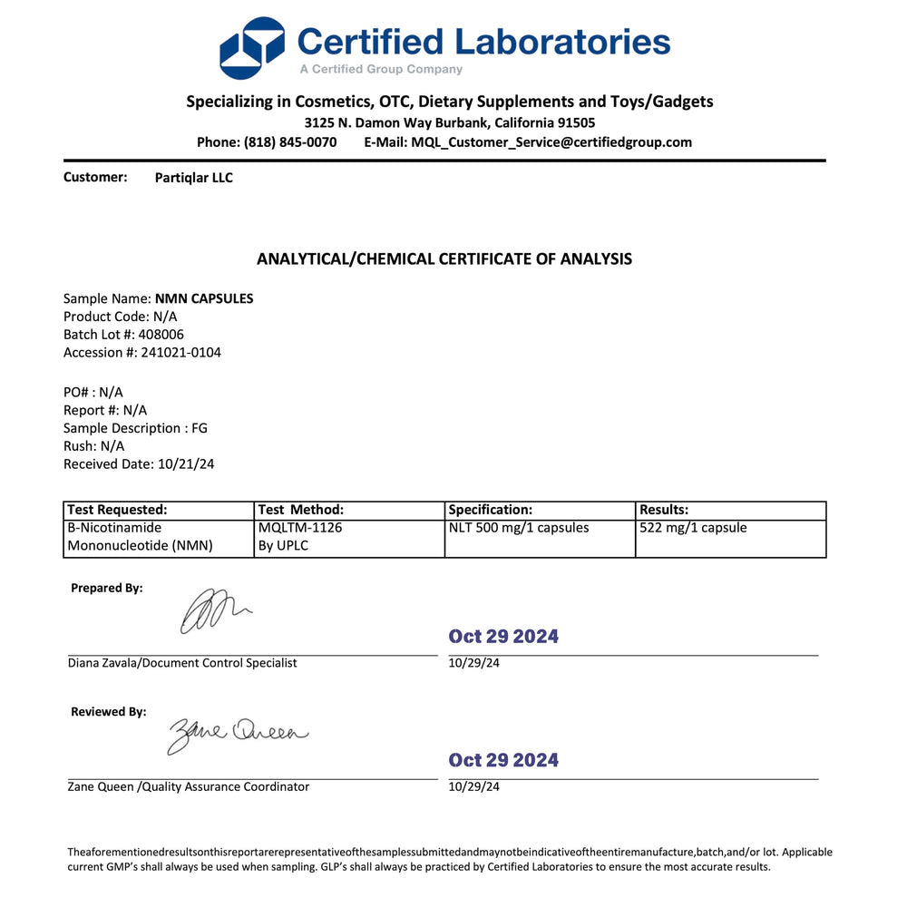 Nutrition label of PartiQlar NMN 500mg highlighting serving size and ingredients.