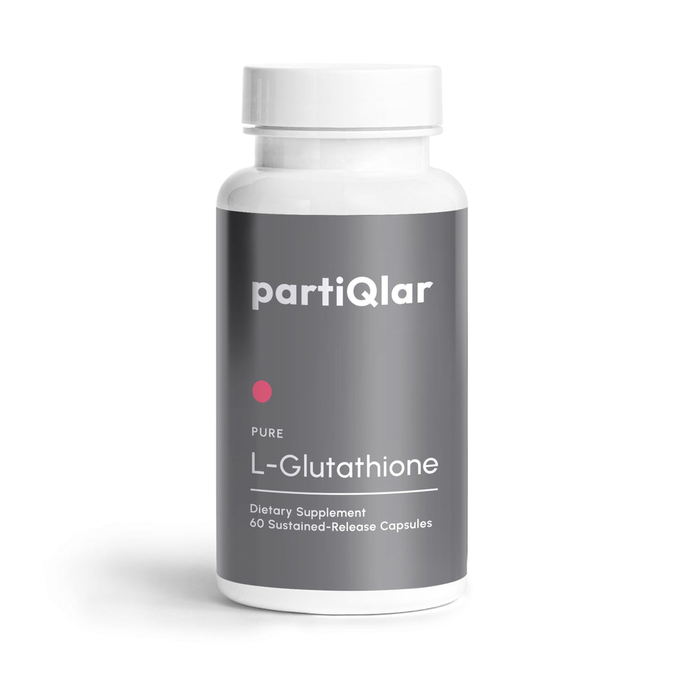 partiqlar puro l-glutatión: botella frontal, apoyo antioxidante diario.