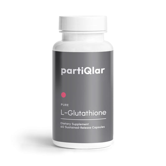 partiqlar puro l-glutatión: botella frontal, apoyo antioxidante diario.