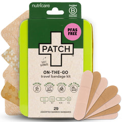 PATCH estuche abierto frontal mostrando 29 apósitos y lata reutilizable para organización