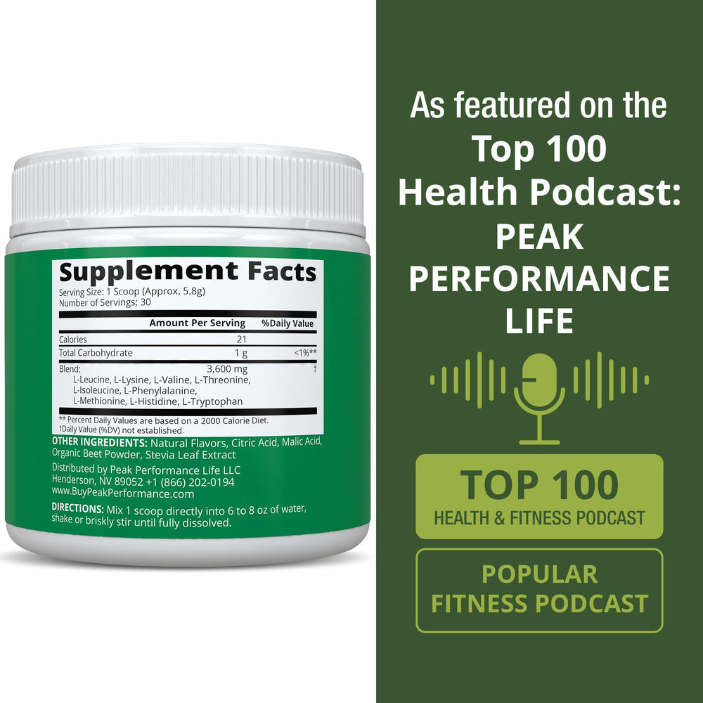 Etiqueta del producto Peak Performance con lista de aminoácidos y certificaciones