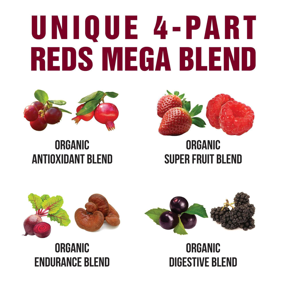 Etiqueta nutricional de Peak Performance Organic Reds con información clara y trazabilidad