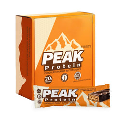 Peak Protein Chocolate Peanut Butter Crunch bar in a pack, ideal on-the-go protein boost.
