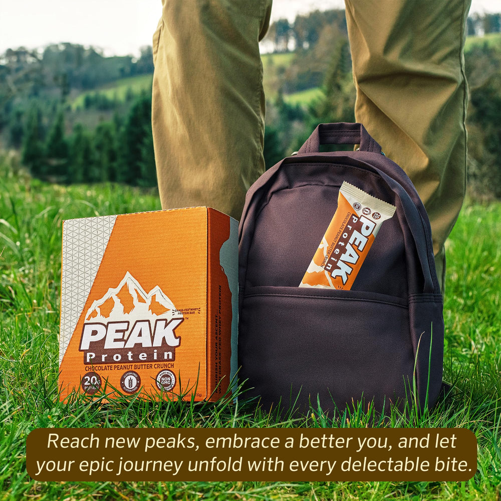 Peak Protein Chocolate Peanut Butter Crunch wrapped bar highlighting natural ingredients and gluten-free claim.