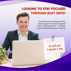 PEAKPURY: etiqueta del producto con resumen de beneficios para el rendimiento mental.