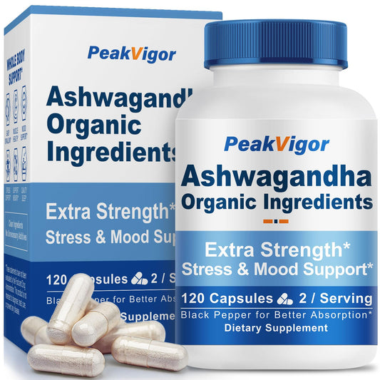 PeakVigor Ashwagandha, frasco de cápsulas para apoyo diario y bienestar