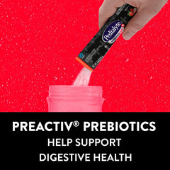 Comparación de tamaño del sobre Pedialyte junto a una botella para referencia