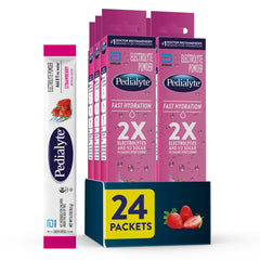 Pedialyte frente del empaque fresa mostrando sobres y beneficio de rehidratación rápida