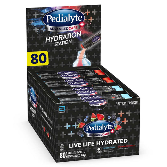 Pedialyte pack variedad frontal mostrando sobres y caja útil para rehidratación rápida